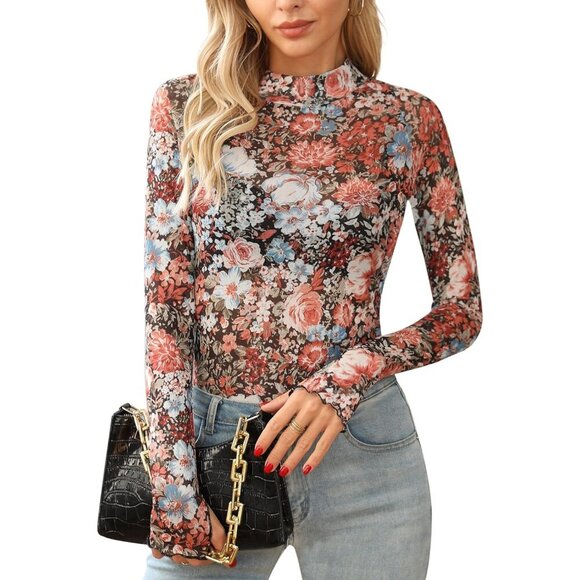 Tops - Womens Lace Mesh Top Floral Mock Neck Long Sleeve See Through Casual